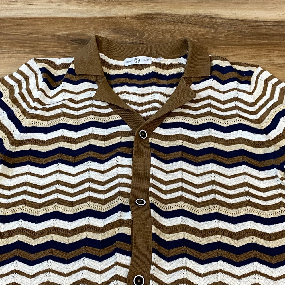 Knit Polo Sweater Cardigan Mens Medium Chevron Zigzag Short Sleeve Brown Bobois